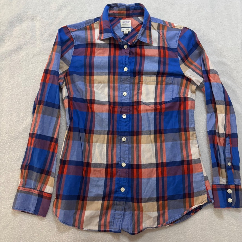 J.Crew Perfect Fit Plaid Button Down Shirt Blue Red Petite XS A9634